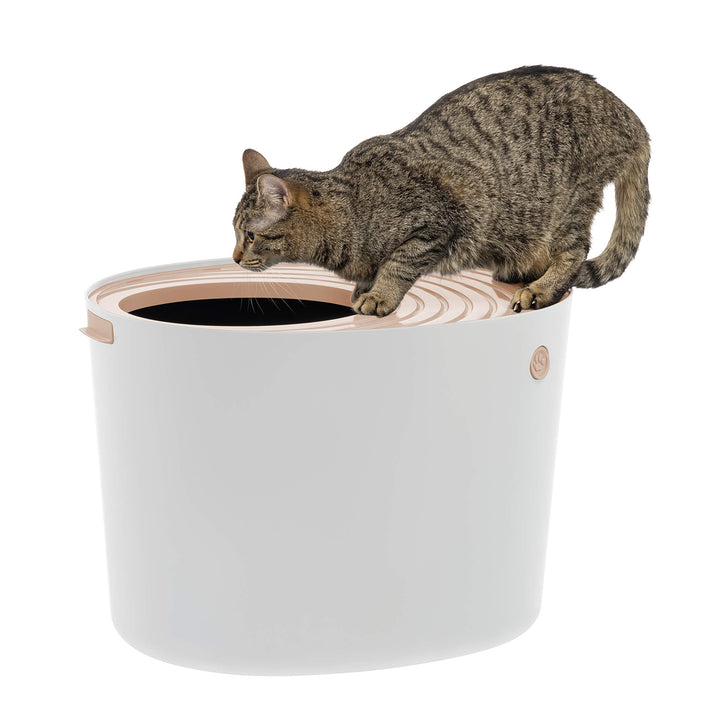 USA Cat Litter Box, Top Entry Litter Box with Scoop, Stylish Round Cat Litter Box Enclosure, Kitty Litter Box, White/Beige