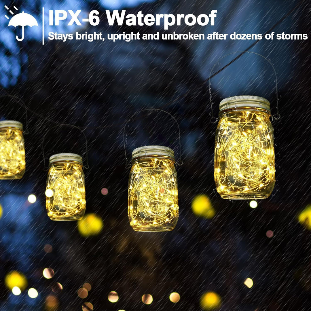 Upgraded Hanging Mason Jar Solar Lights, 6 Pack 30 LEDs Fairy Lights with Jars and Hangers, IPX6 Waterproof Hanging Solar Lights Outdoor, Solar Lanterns for Balcony Backyard Garden Fence Decor