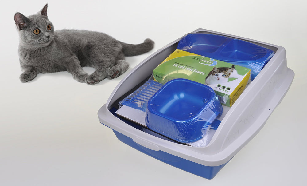 Kitten And Cat Starter Kit, 5 Piece Set with High Side Litter Box, Water Bowl, Double Feeder, Litter Scoop, Litter Box Liners