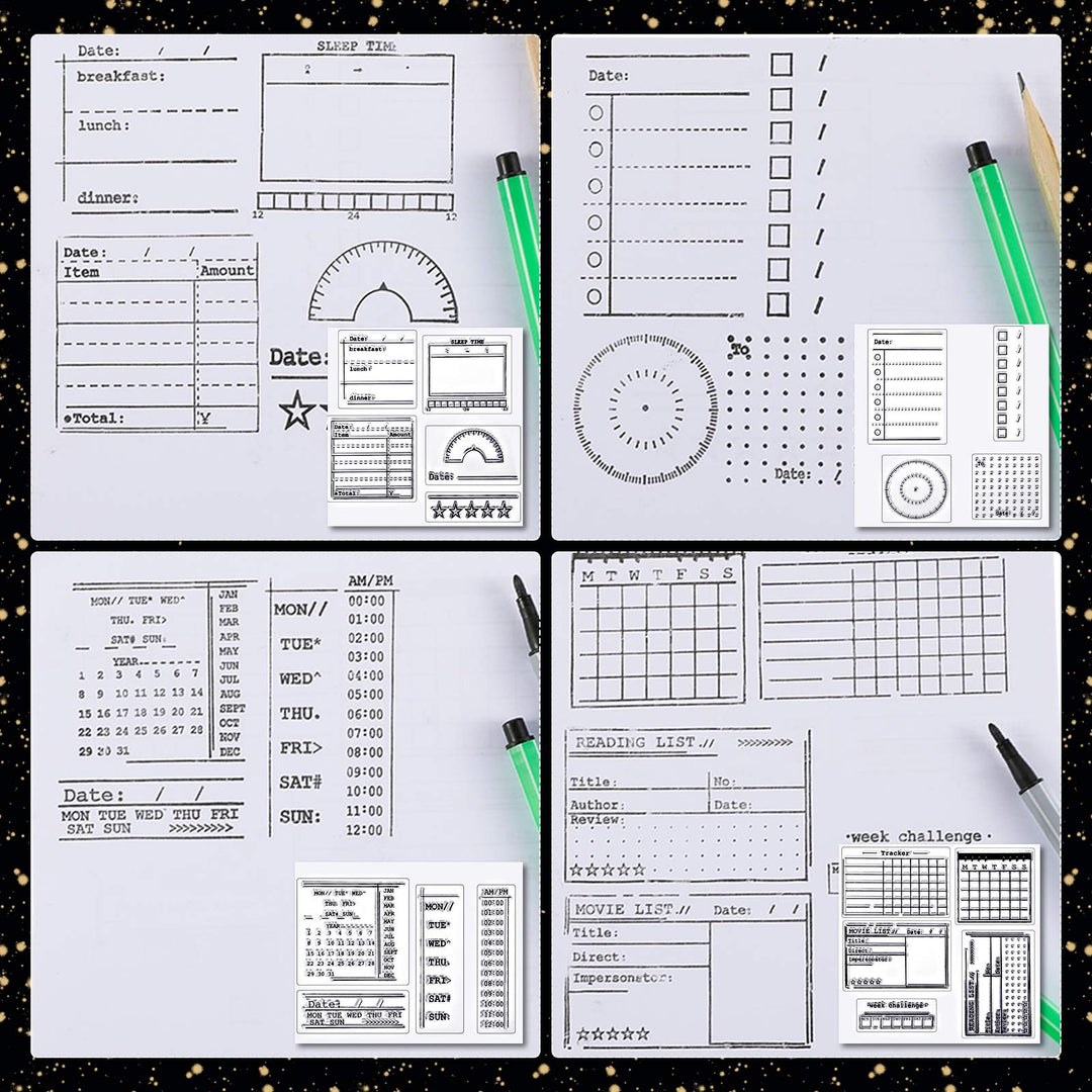 18 Pieces Journal Stamps Clear Journal Stamps, 4 Sheets Silicone Calendar Planner Stencils for Bullet, Week Dates Month Organizer Tasks Ideas DIY Making Crafts Scrapbooking Supplies