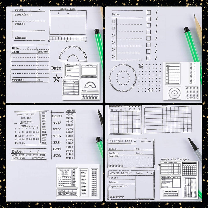 18 Pieces Journal Stamps Clear Journal Stamps, 4 Sheets Silicone Calendar Planner Stencils for Bullet, Week Dates Month Organizer Tasks Ideas DIY Making Crafts Scrapbooking Supplies