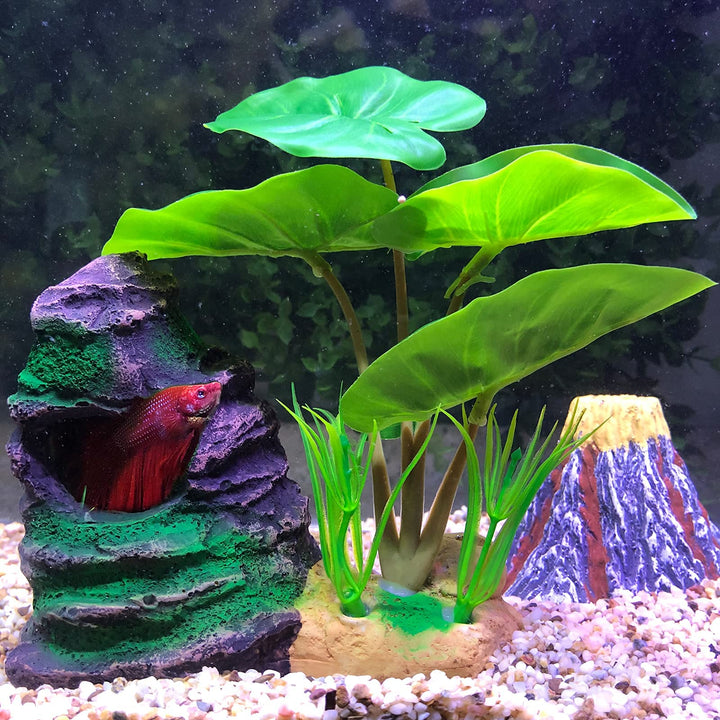 Betta Fish Leaf Pad Hammock Aquarium Decoration Cichlid Fish Tank Resin Rock Mountain Cave Ornaments Fish Bowl Decorations for Sleeping Resting Hiding Playing Breeding