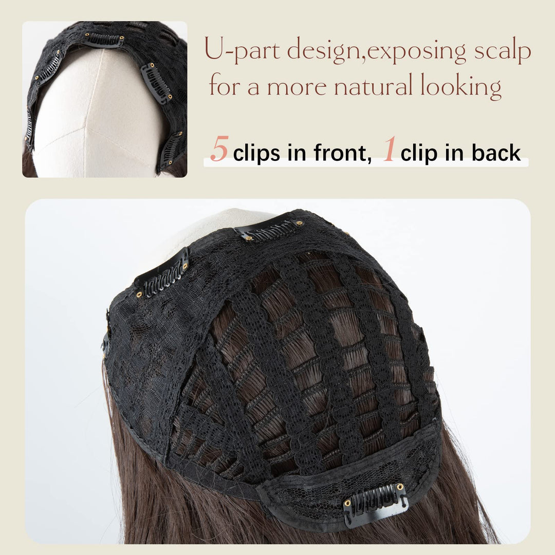 Clip in U Part Hair Extensions Synthetic Long Wavy Curly Thick Full Head Hairpiece for Women Black Brown 24 Inch
