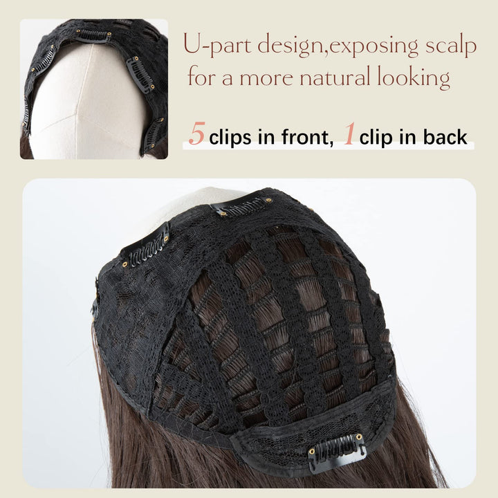 Clip in U Part Hair Extensions Synthetic Long Wavy Curly Thick Full Head Hairpiece for Women Black Brown 24 Inch