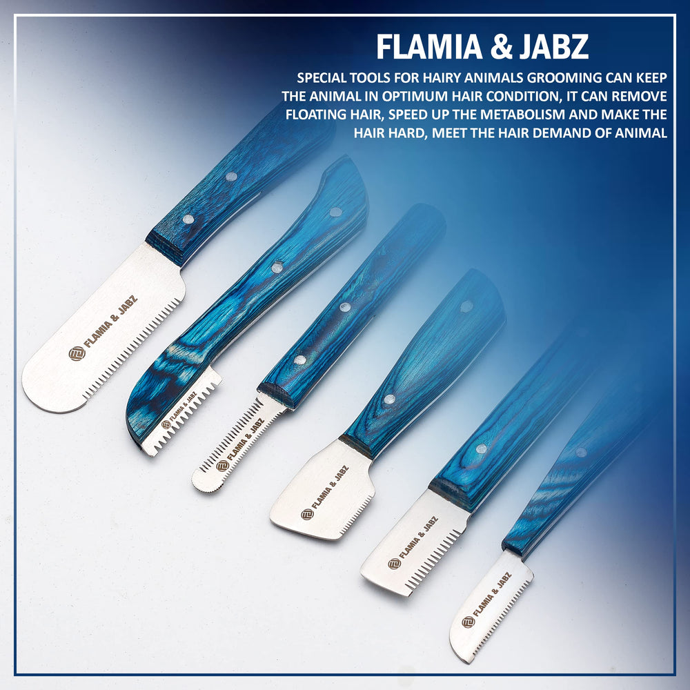FJ Professional Stripping Knife kit (6 pieces set) for Dogs & Pets, Wooden Handle Grip with Stainless Steel Blade (Right handed) (Blue)