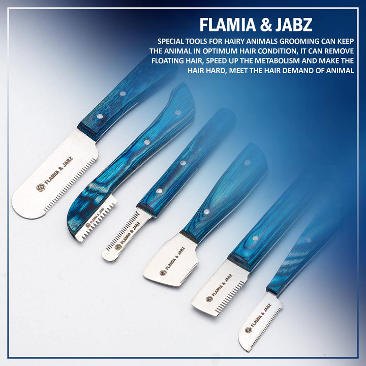 FLAMIA & JABZ FJ Professional Stripping Knife kit (6 pieces set) for Dogs & Pets, Wooden Handle Grip with Stainless Steel Blade (Right handed) (Blue)