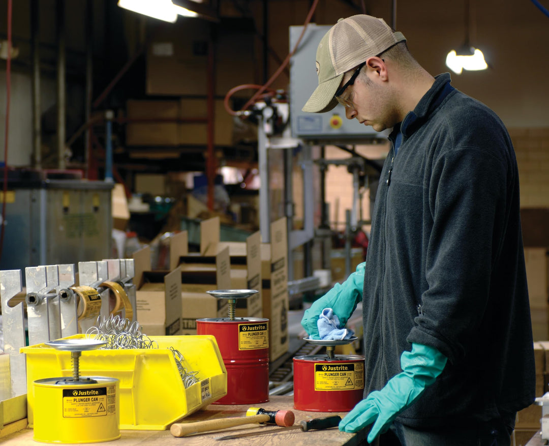 Plunger Can for Solvents, 2 Quarts Capacity, 7.4 x 7.25 Steel Push-Down Solvent Dispenser Can, Made in The USA Industrial Mechanic Tools, Red, 10208
