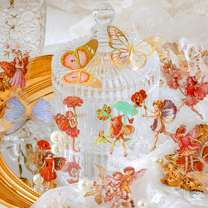 Fairy Gold foil Holographic Stickers Set(120 pieces with 4 Themes)-Resin Transparent Waterproof Stickers,Butterfly,Flower Vintage letter Planner Stickers for Scrapbook Junk Bullet Journals