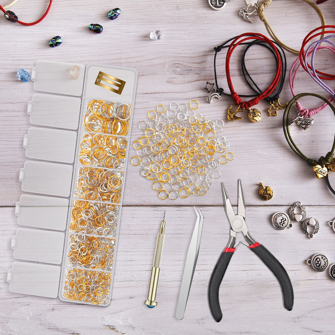 1014 Pieces Nail Dangle Charm Piercing Tool Hand Drill, Nail Charms 6 Sizes Jump Ring Connector with Jump Ring Open Close Tool Pliers and Tweezers for Jewelry Making(Silver)