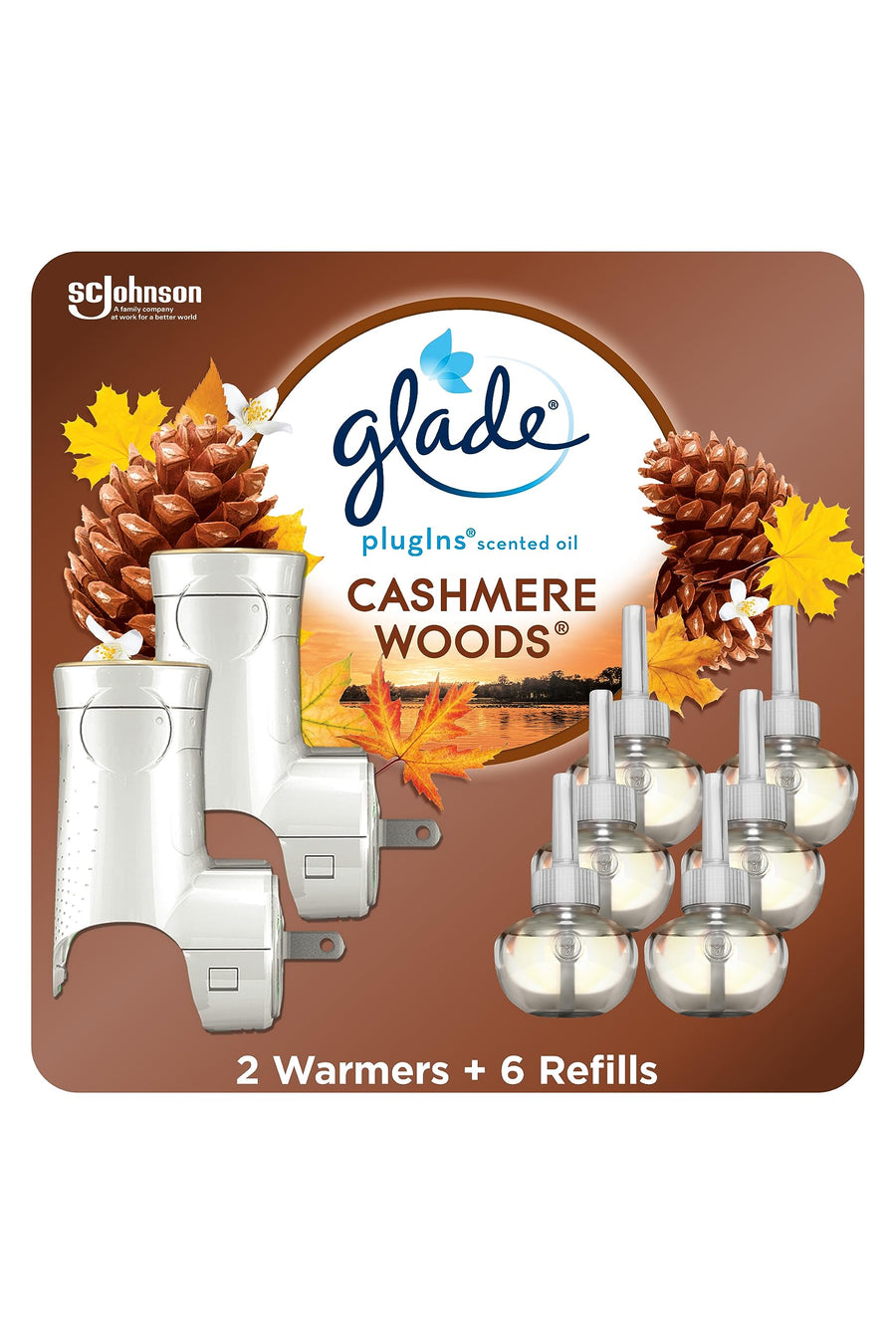 PlugIns Air Freshener Starter Kit, Scented and Essential Oils for Home and Bathroom, Cashmere Woods, 4.02 Fl Oz, 2 Warmers and 6 Refills (Packaging May Vary)