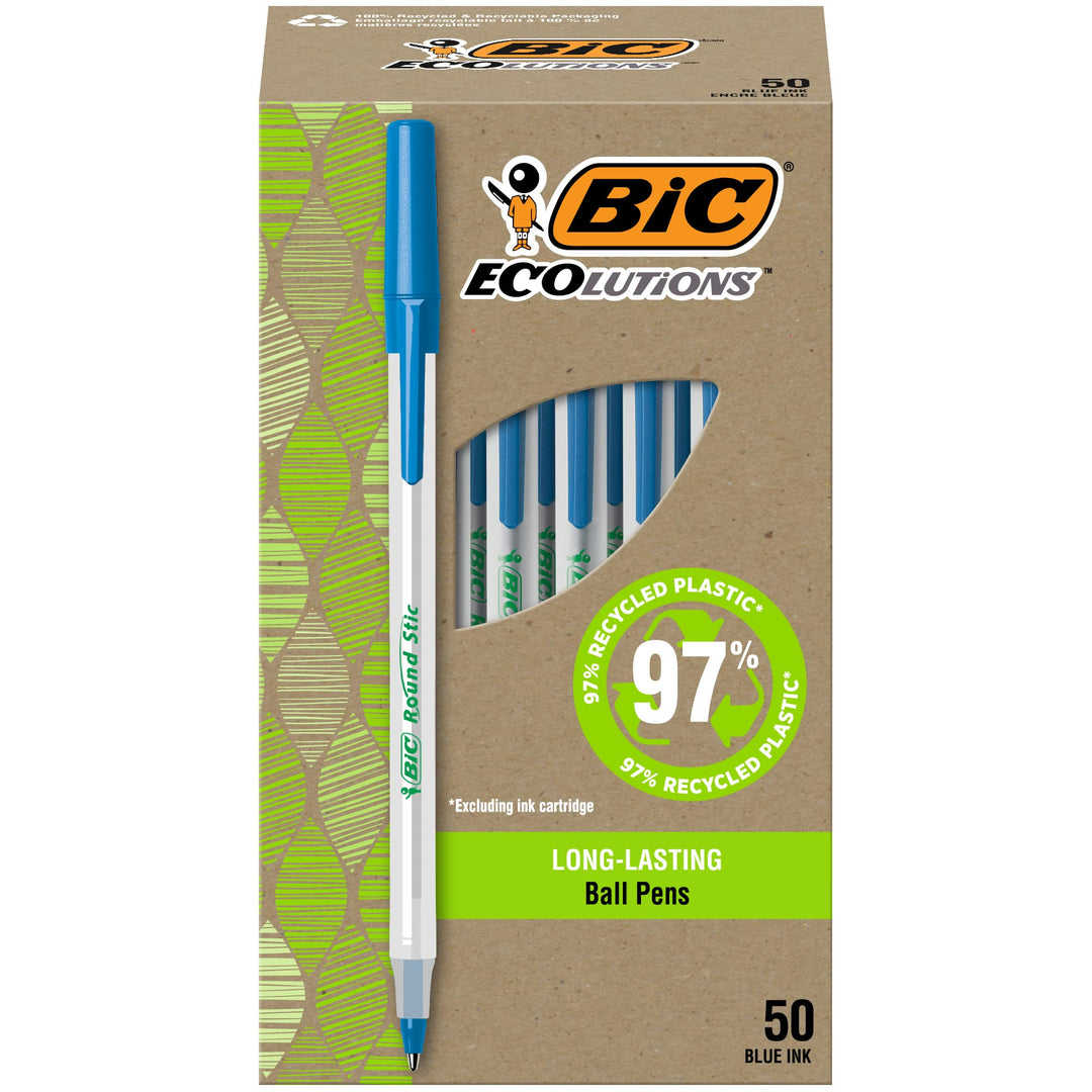 Ecolutions Round Stic Ballpoint Pens, Medium Point (1.0mm), 50-Count Pack, Blue Ink Pens Made from 97% Recycled Plastic