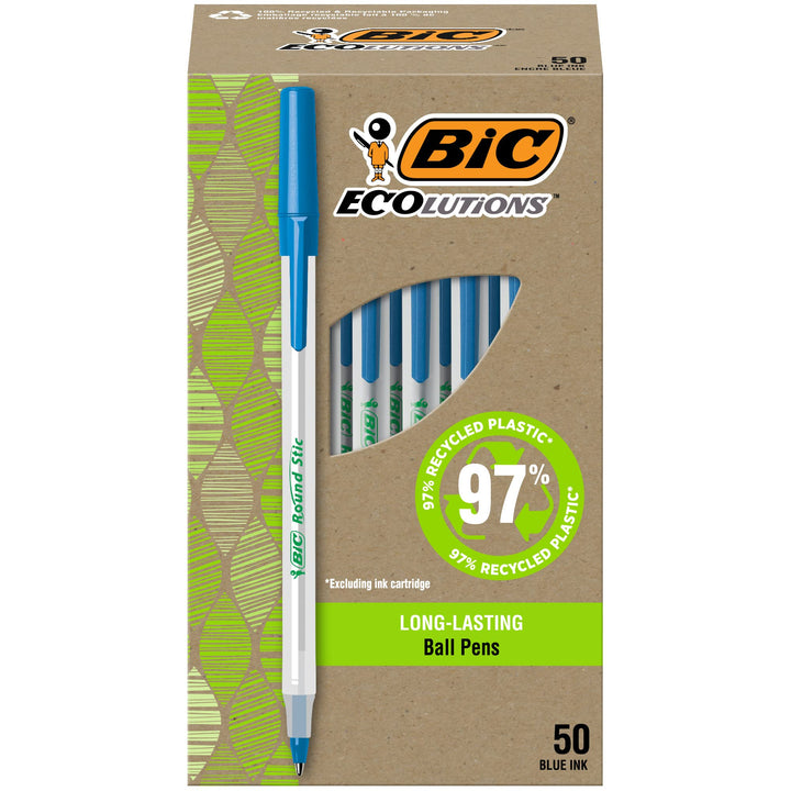 Ecolutions Round Stic Ballpoint Pens, Medium Point (1.0mm), 50-Count Pack, Blue Ink Pens Made from 97% Recycled Plastic