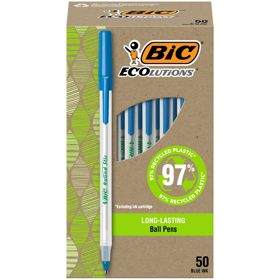Ecolutions Round Stic Ballpoint Pens, Medium Point (1.0mm), 50-Count Pack, Blue Ink Pens Made from 97% Recycled Plastic