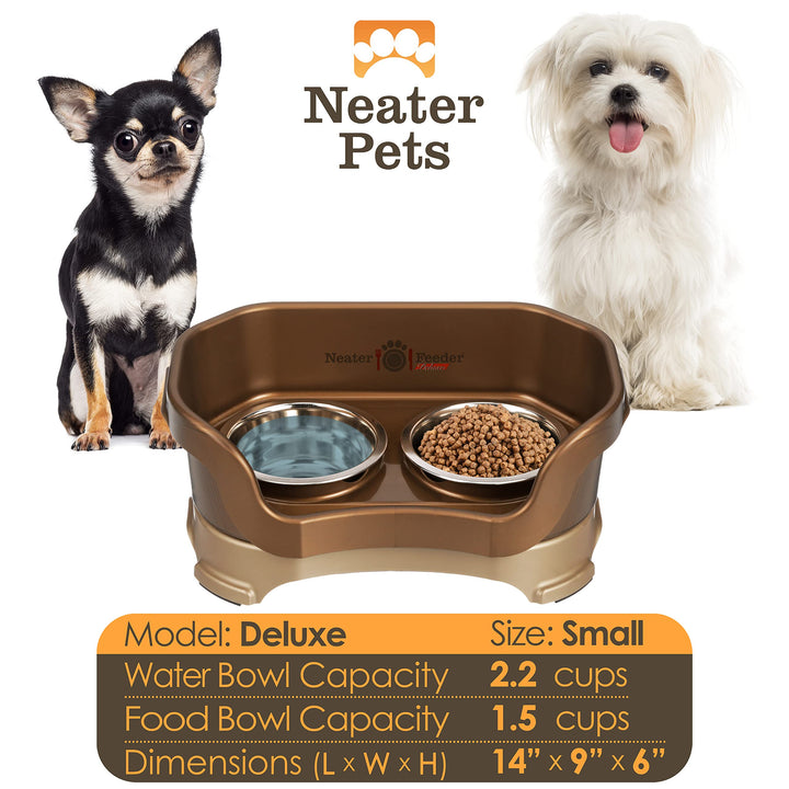 Neater Feeder Deluxe Mess Proof Dog Bowls Elevated for Small Breed – Made in USA – No Spill Raised Dog Food Bowl Stand – Stainless Steel Food and Water Bowl Set, Pet Feeding Station, Bronze