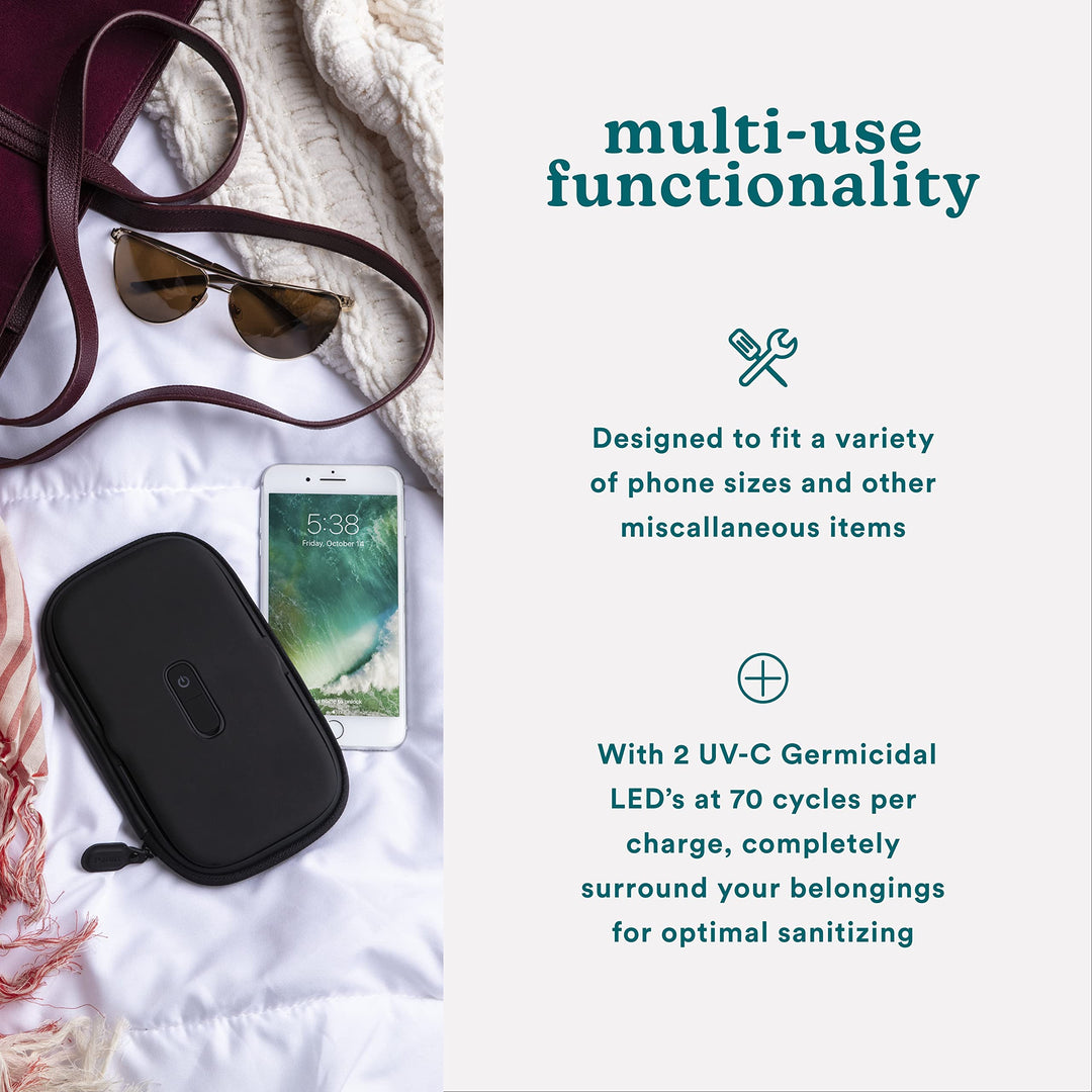 UV Clean Portable Sanitizer – Rechargeable UV Light Sanitizer and Sterilizer Box - Kills 99.9% of Airborne Contaminates, Fits Masks, Makeup Brushes, Glasses, Cell Phones, Keys, Black