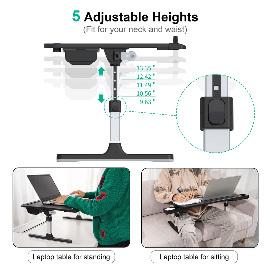 Foldable Laptop Bed Tray Table PVC Leather, Adjustable Laptop Desk for Bed with Height and Angle, Portable Lap Desk for Laptop and Writing with 2 Storage Drawers