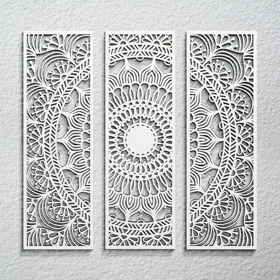 3pcs Mandala Wall Art Carved Wood Wall Art Floral Aesthetic Wooden Plaque Set Wood Carving Wall Decor Farmhouse Modern Cutout Wood Wall Plaque for Home Bathroom Decoration (White, 15.8 x 5.1 Inch)