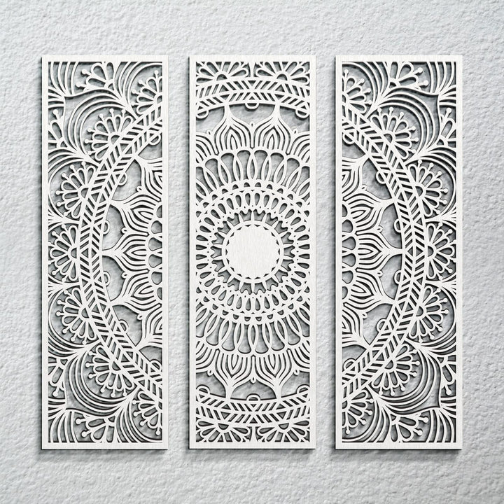3pcs Mandala Wall Art Carved Wood Wall Art Floral Aesthetic Wooden Plaque Set Wood Carving Wall Decor Farmhouse Modern Cutout Wood Wall Plaque for Home Bathroom Decoration (White, 15.8 x 5.1 Inch)