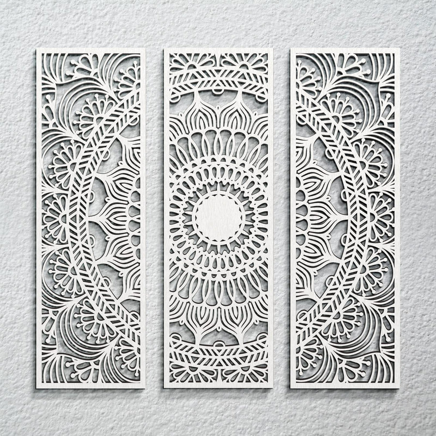 3pcs Mandala Wall Art Carved Wood Wall Art Floral Aesthetic Wooden Plaque Set Wood Carving Wall Decor Farmhouse Modern Cutout Wood Wall Plaque for Home Bathroom Decoration (White, 15.8 x 5.1 Inch)