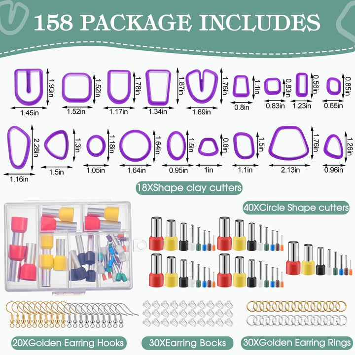 158 Pcs Polymer Clay Cutters Set, DIY Clay Cutters Mold for Polymer Jewelry with 40 Circle Shapes Cutters, Earring Card Earring Back Earring Hook Open Ring Storage Bag for Polymer Clay Jewelry Making