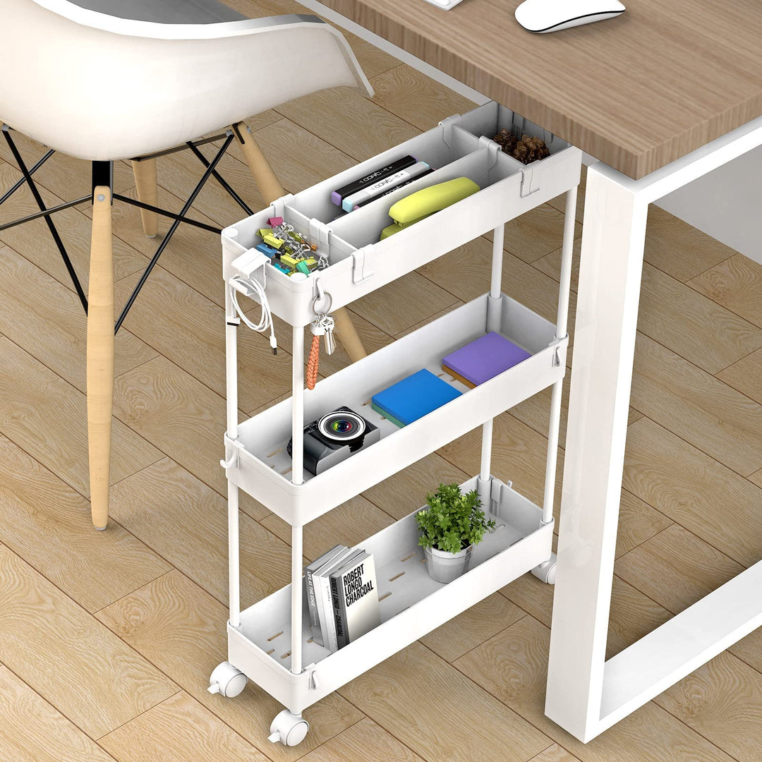 Slim Storage Cart,3 Tier Bathroom Rolling Utility Cart Slide Out Cart, Mobile Shelving Unit Organizer Trolley for Office Bathroom Kitchen Laundry Room Narrow Places, White