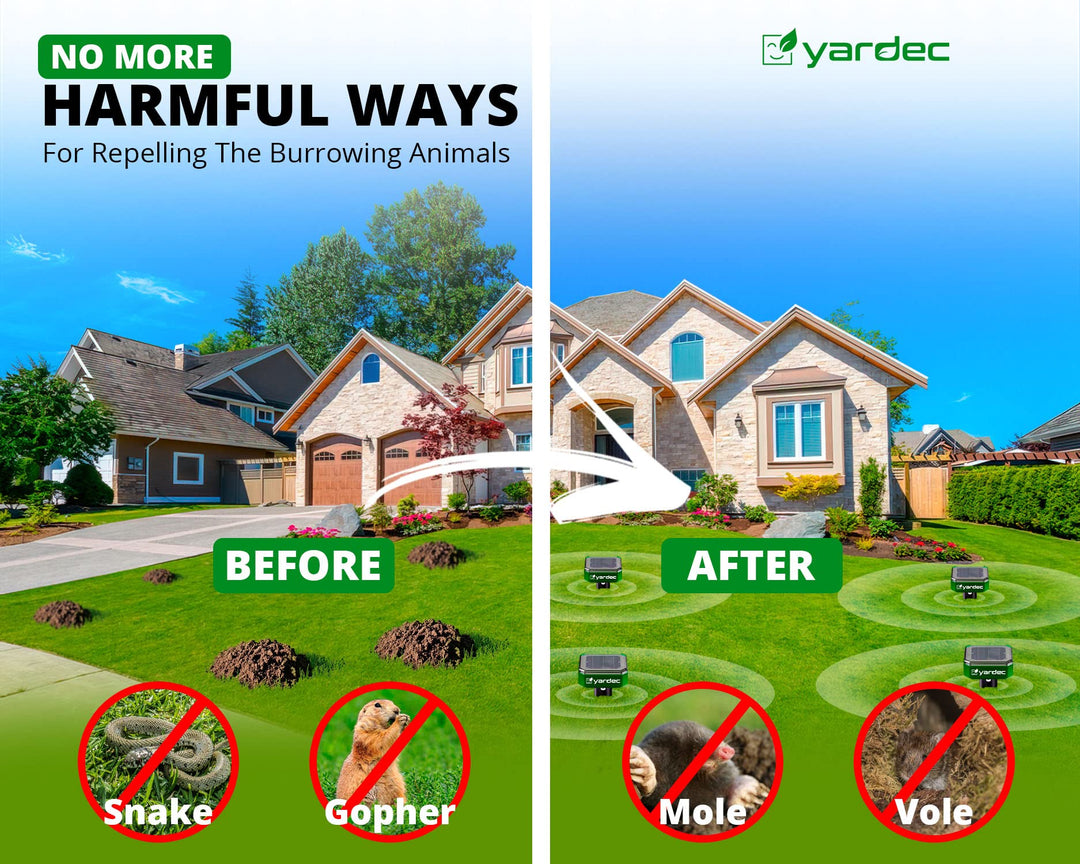 Gopher Repellent Ultrasonic Solar Powered (4-Pack) - Easy to Use Solar Mole Repellent Ultrasonic with an Auger Drill Bit - IP65 Waterproof Sonic Repeller Stakes for Groundhog, Vole, Snake, etc.