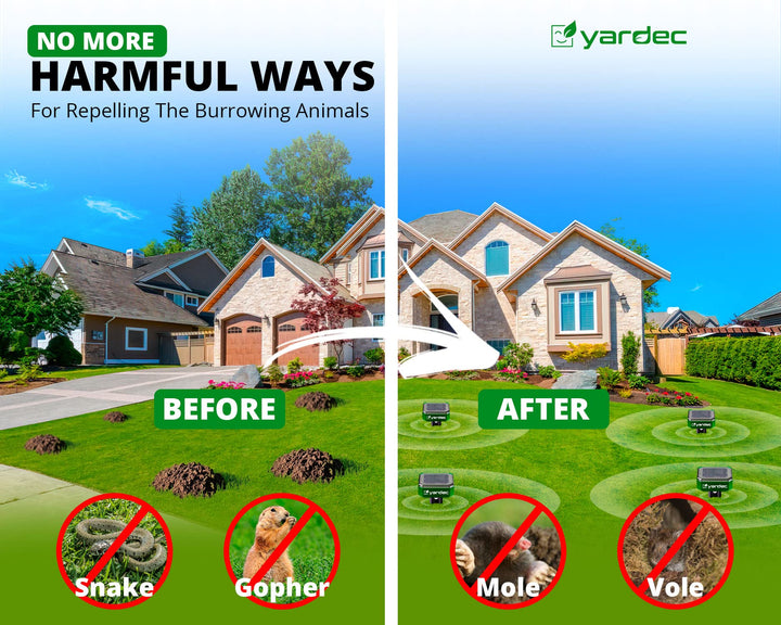 Gopher Repellent Ultrasonic Solar Powered (4-Pack) - Easy to Use Solar Mole Repellent Ultrasonic with an Auger Drill Bit - IP65 Waterproof Sonic Repeller Stakes for Groundhog, Vole, Snake, etc.