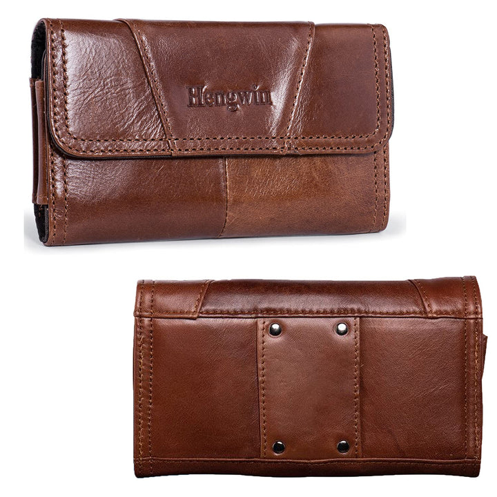 Horizontal Leather Cell Phone Holster with Belt Loop Fits for iPhone 16 Pro Max 15 Plus 14 Pro Max Samsung Galaxy A55 S23 Ultra Note 9 8 Google Pixel 8 Pro Pouch Belt Case Phone Holder (Brown)
