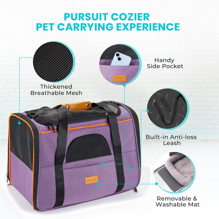 Portable Cat Carrier - Soft Sided Cat Carrier for Medium Cats and Puppy up to 15lbs, Pet Carrier with Locking Safety Zippers, Foldable Bowl, Airline Approved Travel Dog Carrier - Light Purple