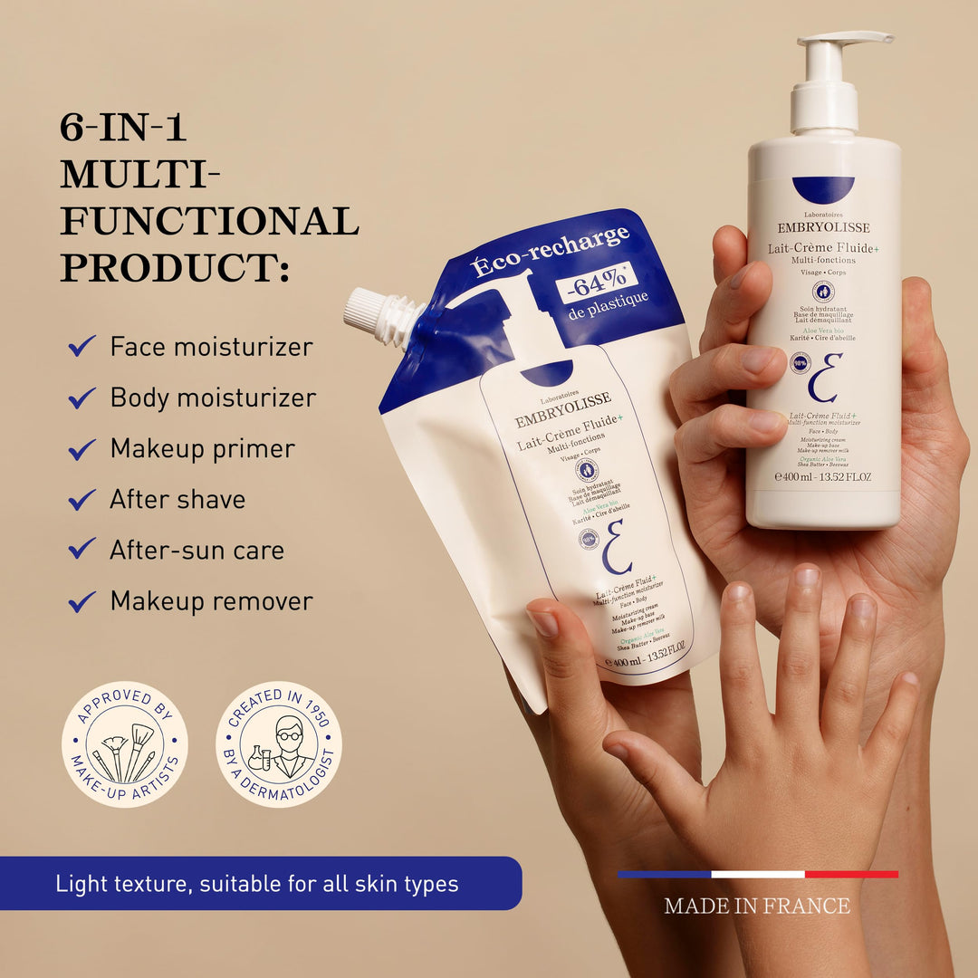 Lait Creme Fluid Face & Body Cream. Lightweight Moisturizer for All Skin Types. Hydrating Lotion with Shea Butter & Aloe Vera, 2.54 Fl Oz