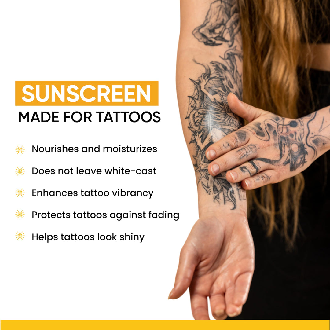 Makra Tattoo Care Sunscreen – SPF 30+ All Natural Tattoo Sun Protection - UVA/UVB Protection - Deeply Moisturizes and Protects Ink Against Fading - Enhances Colors, Water Resistant - 1.35 Oz/40 g