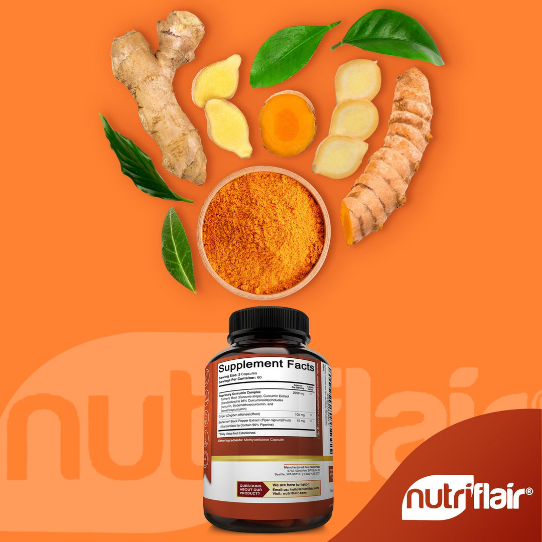 Turmeric Curcumin with Ginger and BioPerine Black Pepper Supplements, 180 Capsules - 95% Curcuminoids - Joint Support, Antioxidant, Anti Aging - Natural, Non-GMO, Vegan Best Maximum Potency