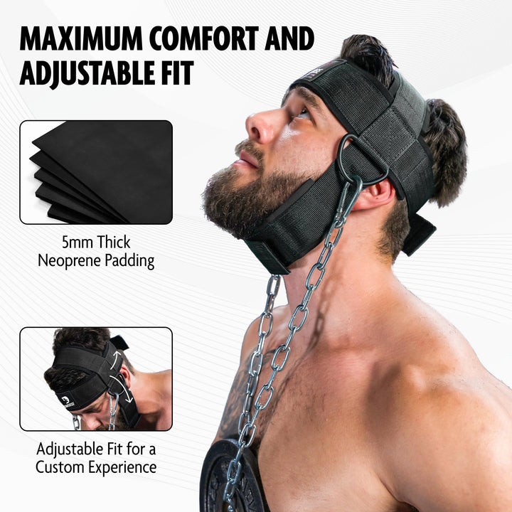 DMoose Neck Harness for Weight Lifting - Neck Exerciser with 30 Heavy Duty Steel Chain - Neck Strengthener to Support Injury Recovery & Neck Workout - Neck Trainer with Adjustable Head & Chin Strap