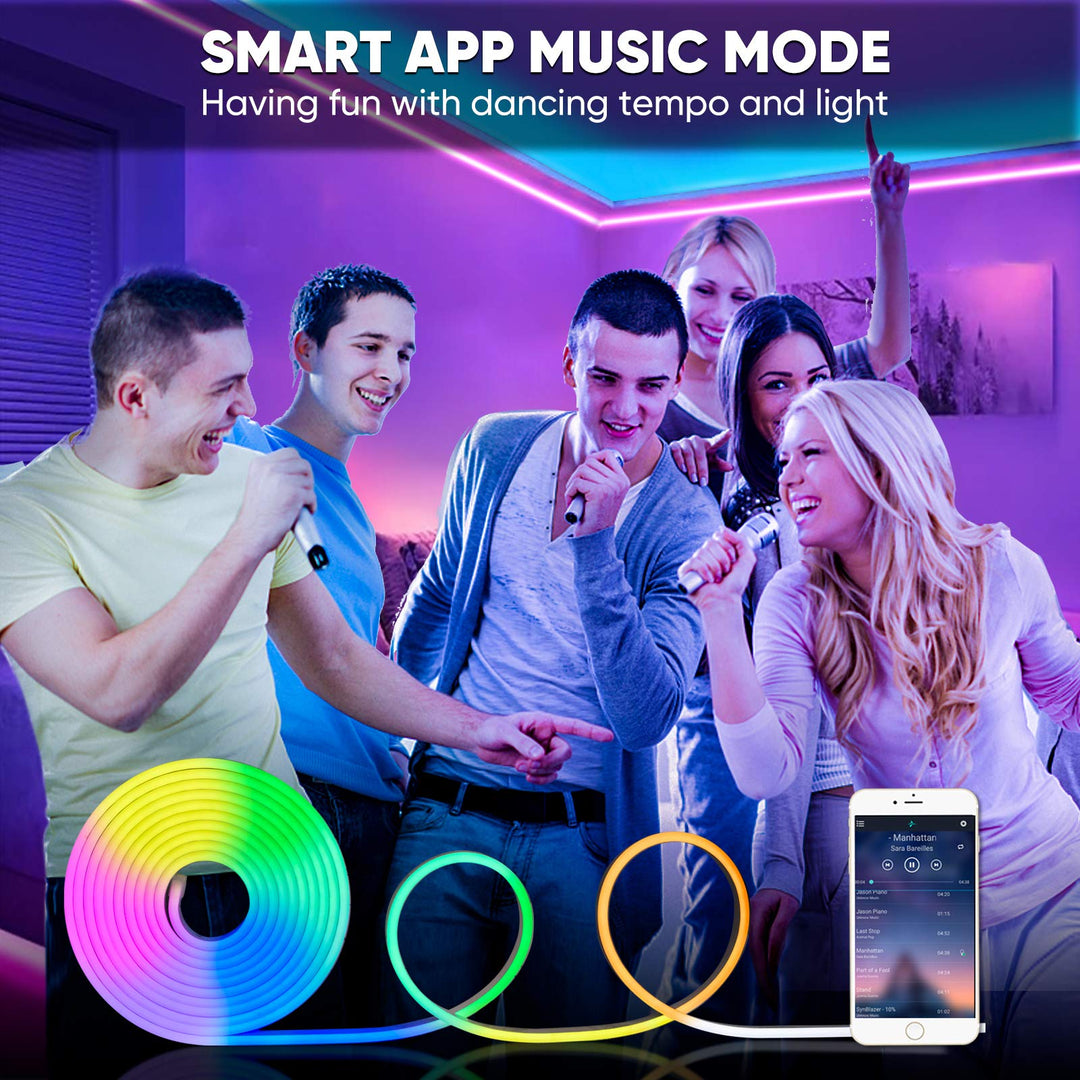 12V Smart Neon LED Neon Strip Lights RGB, Music Sync 16.4FT Flexible Silicone Neon Rope Lighting APP Bluetooth Control, Dimmable Custom Cuttable IP65 Waterproof for Indoor Outdoor