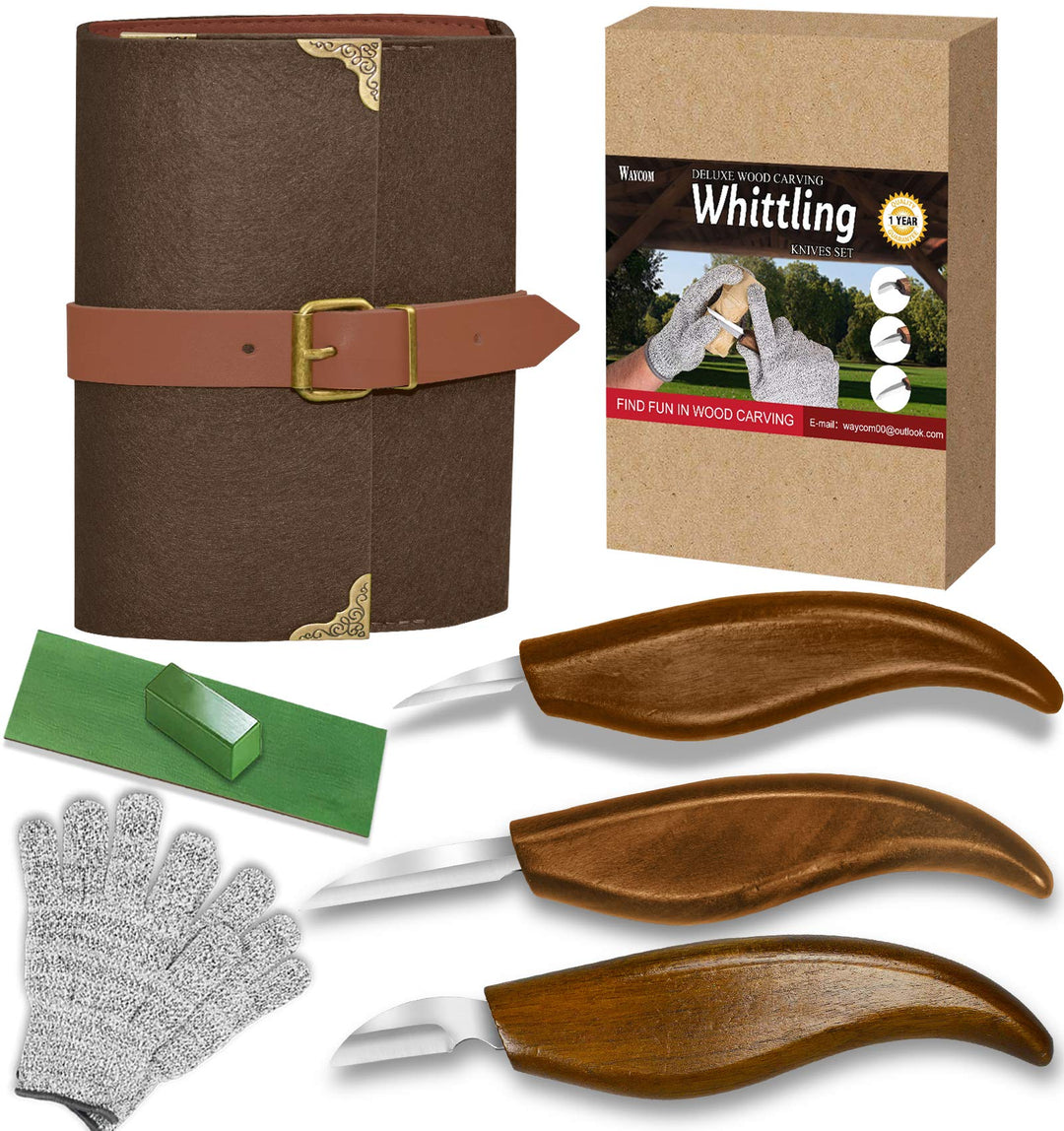 Wood Whittling Kit, 8 Pcs Wood Carving Tools for Beginners with Deluxe Felt Leather Case, Premium Chip Carving Knives Set,Detail Wood Knife Whittling Kit Cut Resistant Gloves Gift Box