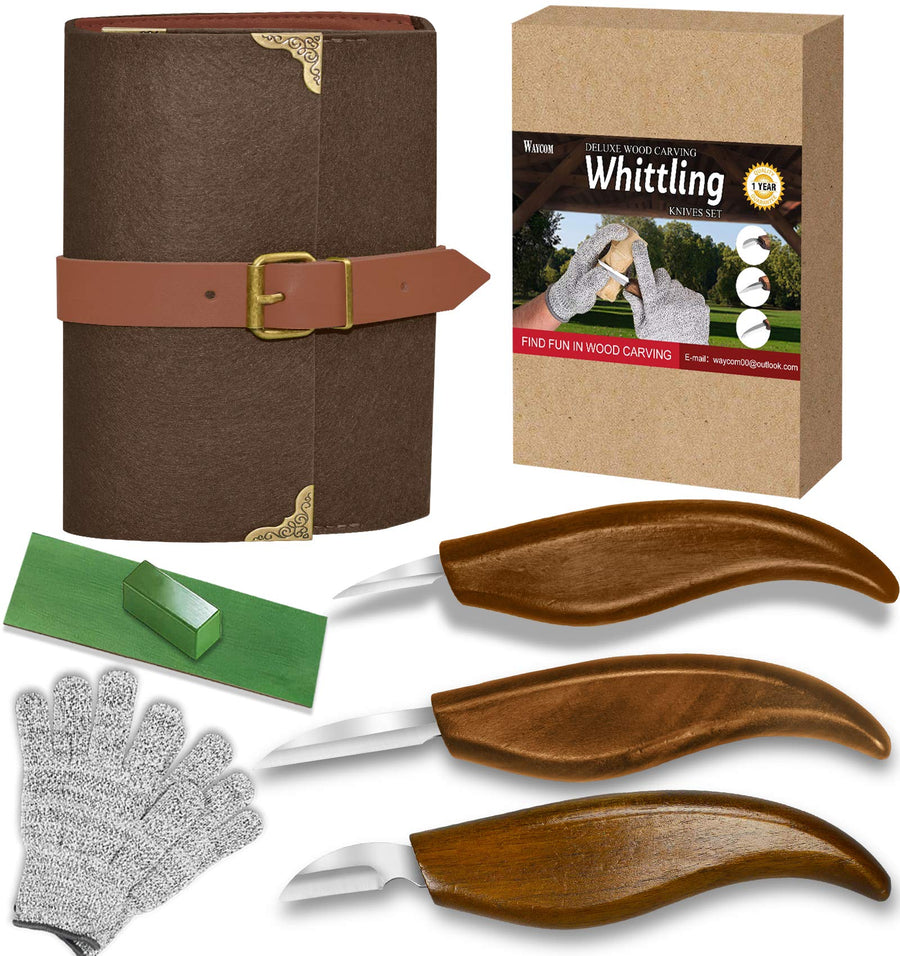 Wood Whittling Kit, 8 Pcs Wood Carving Tools for Beginners with Deluxe Felt Leather Case, Premium Chip Carving Knives Set,Detail Wood Knife Whittling Kit Cut Resistant Gloves Gift Box