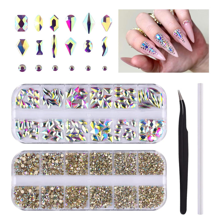 3120Pcs AB Nail Art Rhinestone Kit Shiny Nail Stones Gems Flatback Nail Crystal Beads Jewel for Nail DIY Craft with Tweezers and Rhinestone Picker Dotting Pen