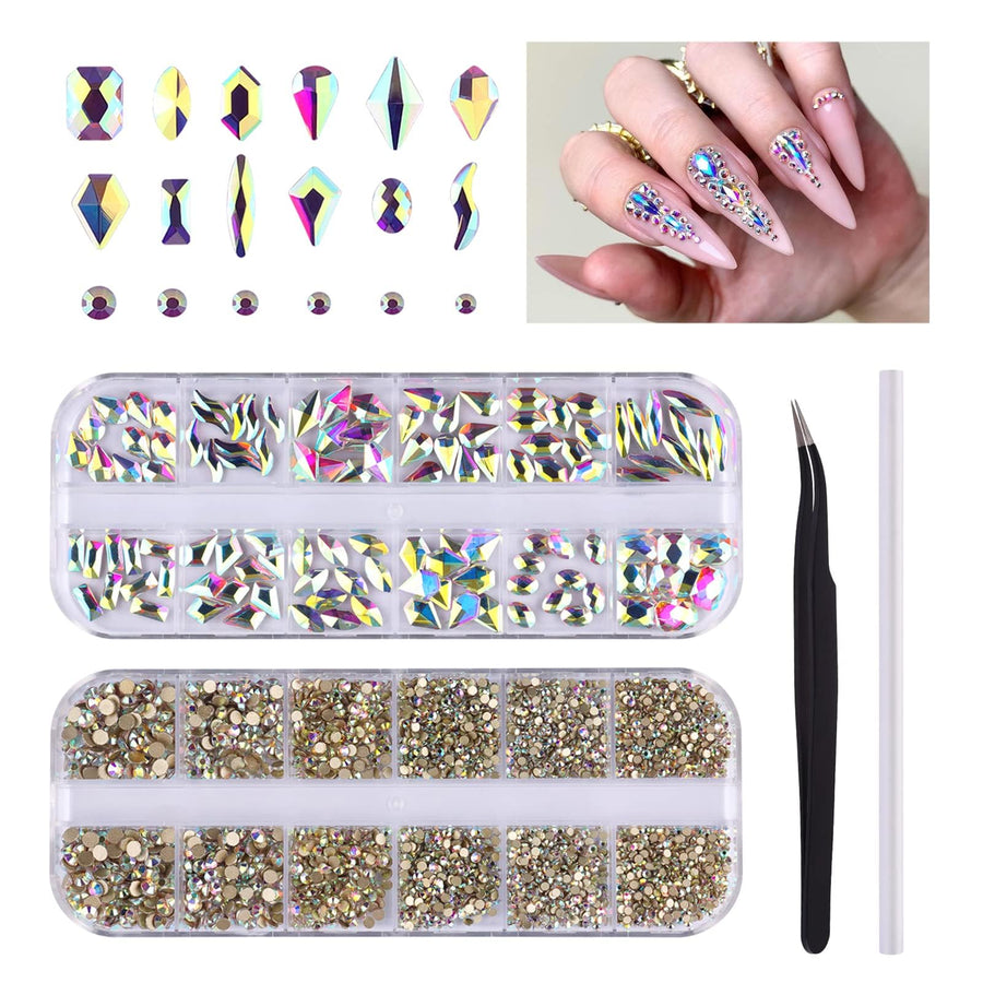 3120Pcs AB Nail Art Rhinestone Kit Shiny Nail Stones Gems Flatback Nail Crystal Beads Jewel for Nail DIY Craft with Tweezers and Rhinestone Picker Dotting Pen