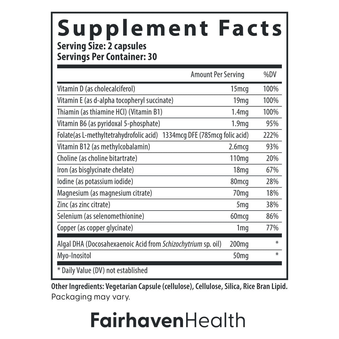 Prenatal Multivitamin Essentials | Prenatal Vitamins + DHA, Choline, Myo-Inositol | Supports Healthy Pregnancy & Fetal Brain Development | Mint Essence to Deter Nausea | 60 Capsules