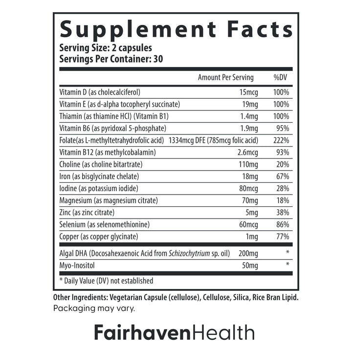 Prenatal Multivitamin Essentials | Prenatal Vitamins + DHA, Choline, Myo-Inositol | Supports Healthy Pregnancy & Fetal Brain Development | Mint Essence to Deter Nausea | 60 Capsules