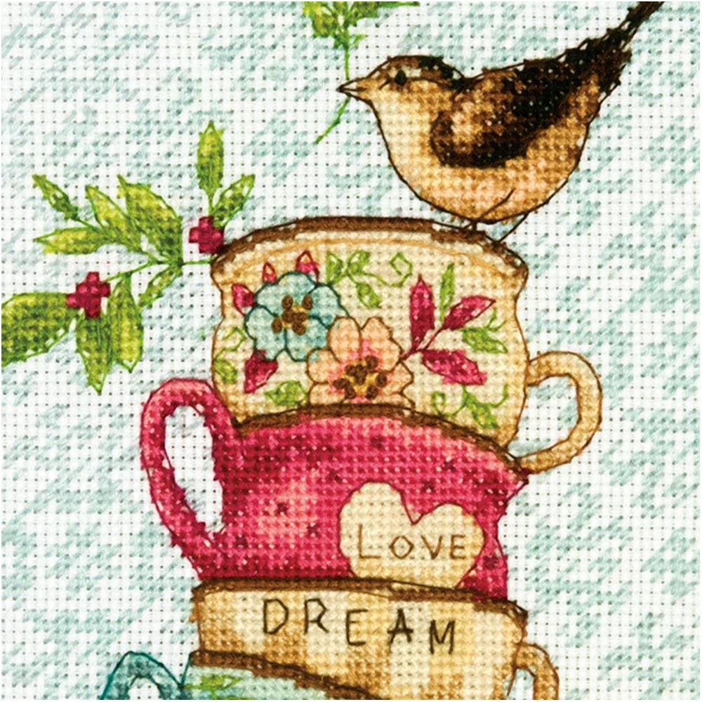 70-65171 Gold Collection Stacked Tea Cups Advanced Counted Cross Stitch Kit, 18 Count White Aida, 7 x 5