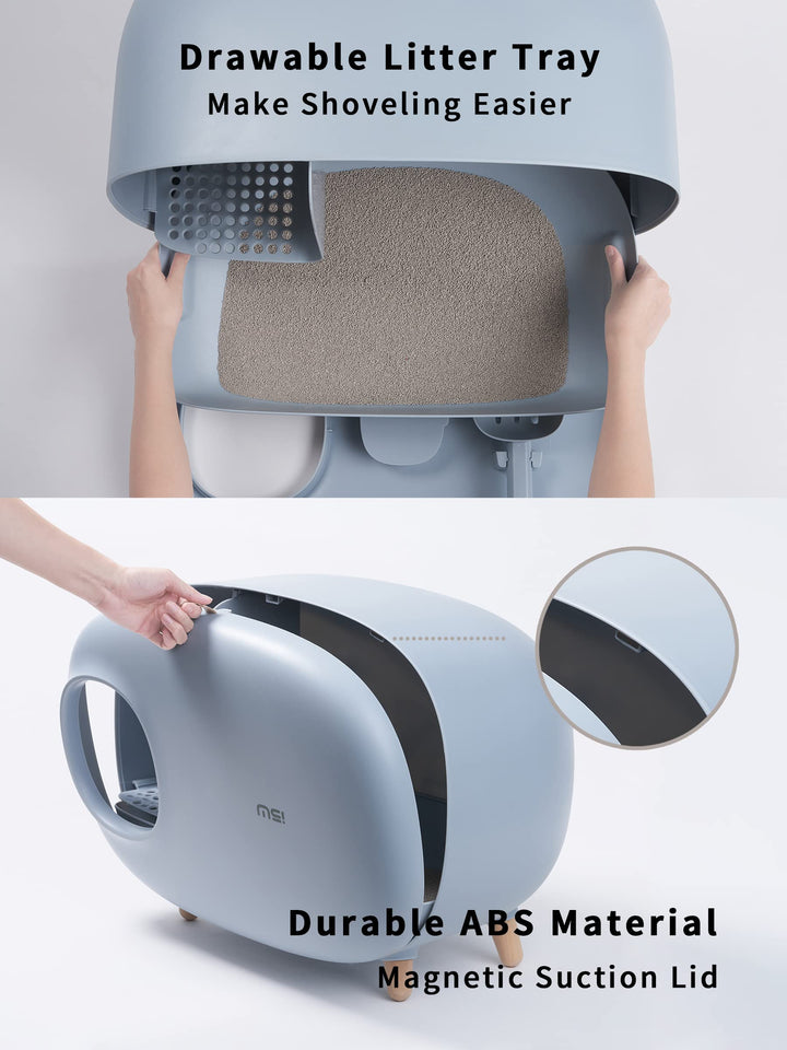 Cat Litter Box with Lid, Scoop (with Litter Mat), Enclosed Design, Large Prevent Sand Leakage and Isolate Odors, Easy to Clean, - Gray Blue