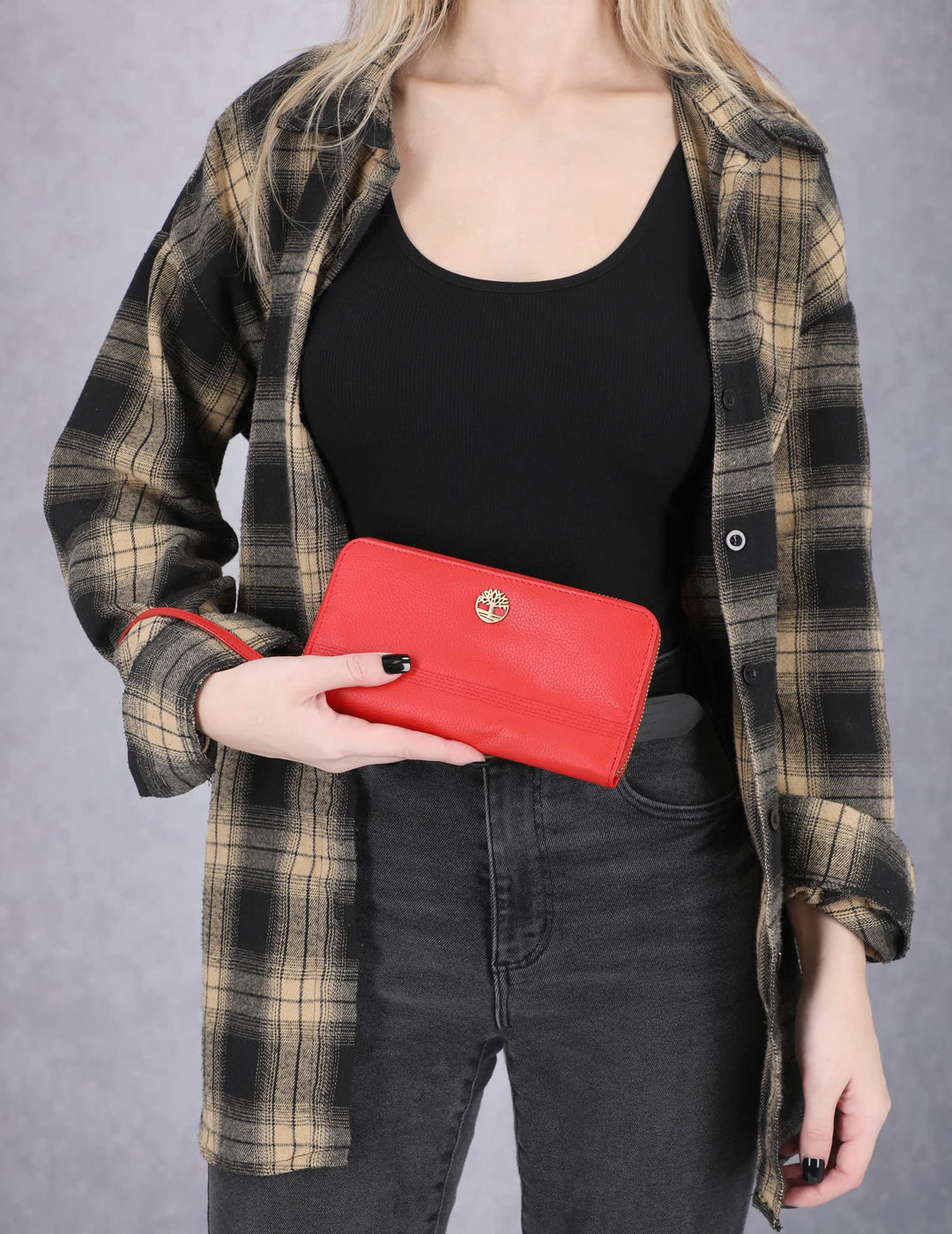 Leather RFID Flap Wallet Clutch Organizer, Cherry (Pebble)