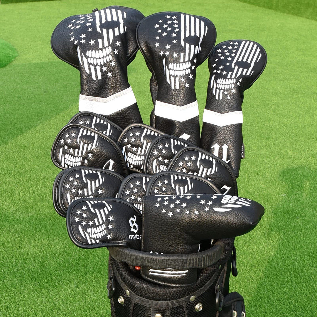 mytag Golf Skull Skeleton Head Cover Golf Club Black Leather Headcovers Set Fits Driver Fairway Wood Hybrid (1pc Driver Cover)