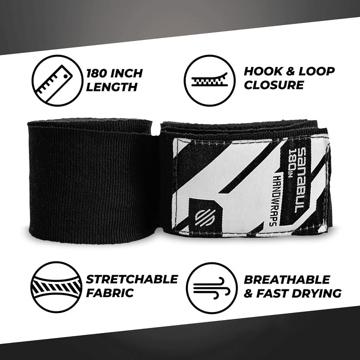 Elastic 180 inch Boxing Handwraps for Boxing Gloves Muay Thai MMA Boxing Hand Wraps - Black, 180