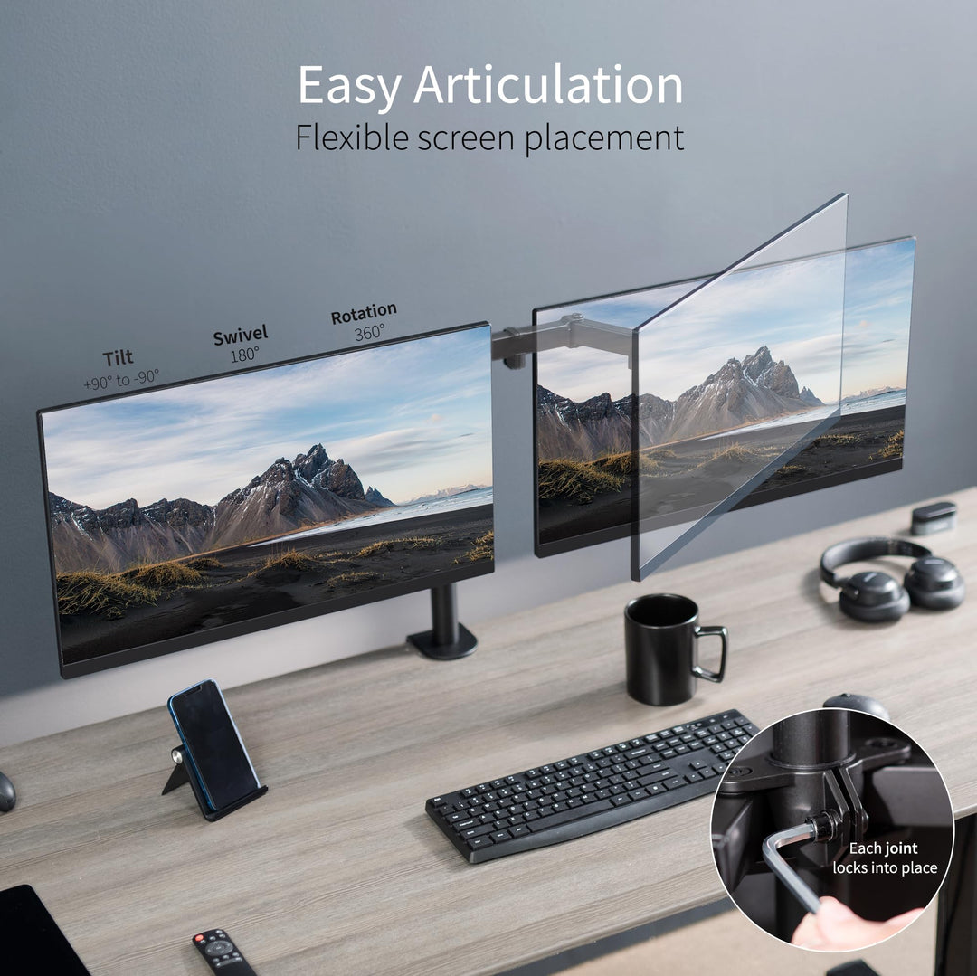 Dual Monitor Desk Mount, Heavy Duty Fully Adjustable Steel Stand, Holds 2 Computer Screens up to 30 inches and Max 22lbs Each, Black, STAND-V002