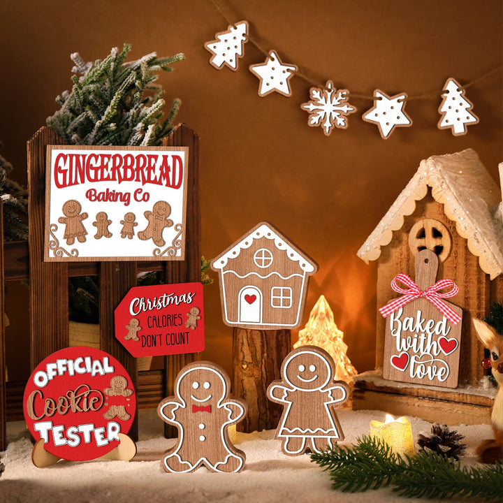 12 Pcs Christmas Tiered Tray Decorations Set Christmas Wooden Signs Tiered Tray Decor Xmas Gingerbread Man Snowflakes Pink Gnome Sign Rustic Farmhouse Decor for Home Table Shelf(Santa)