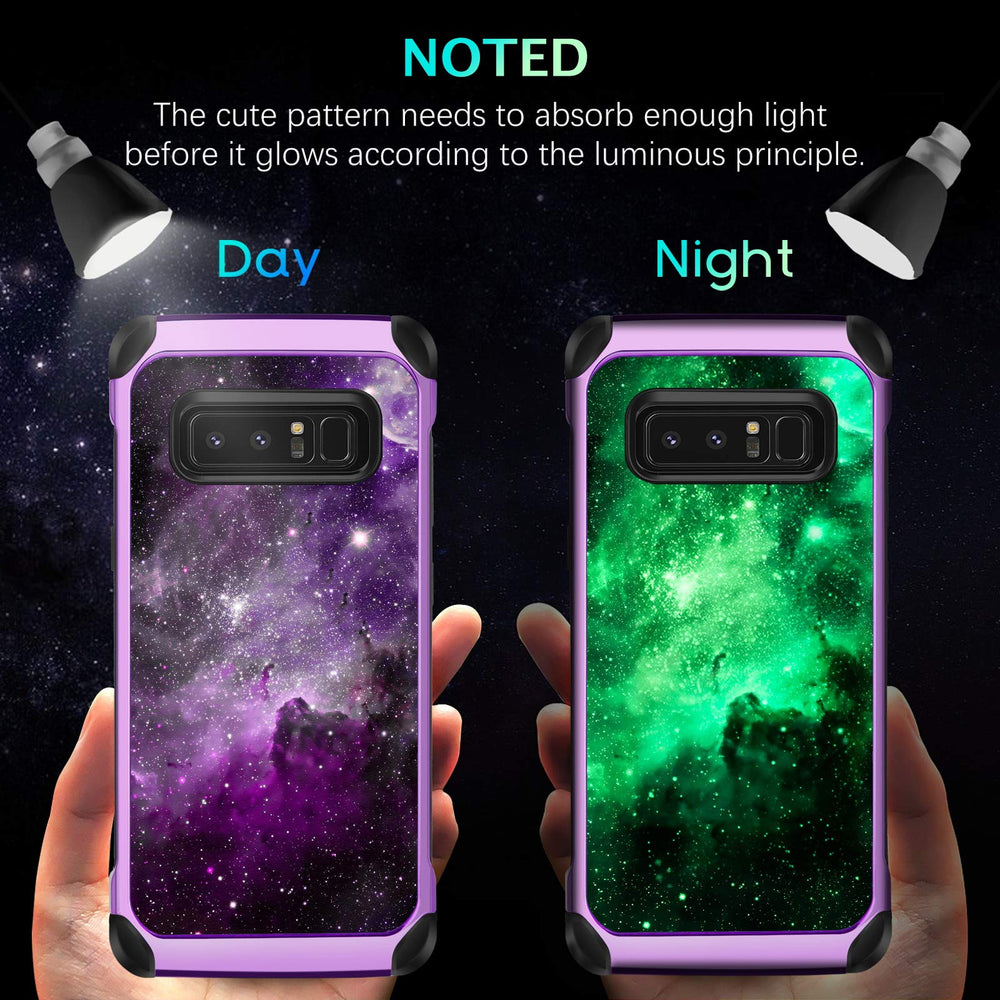 for Samsung Galaxy Note 8 Case, Slim Fit Glow in The Dark 2 in 1 Heavy Duty Rugged Hybrid Soft TPU Bumper Hard PC Shockproof Protective Cases for Samsung Galaxy Note 8 6.3, Purple Nebula