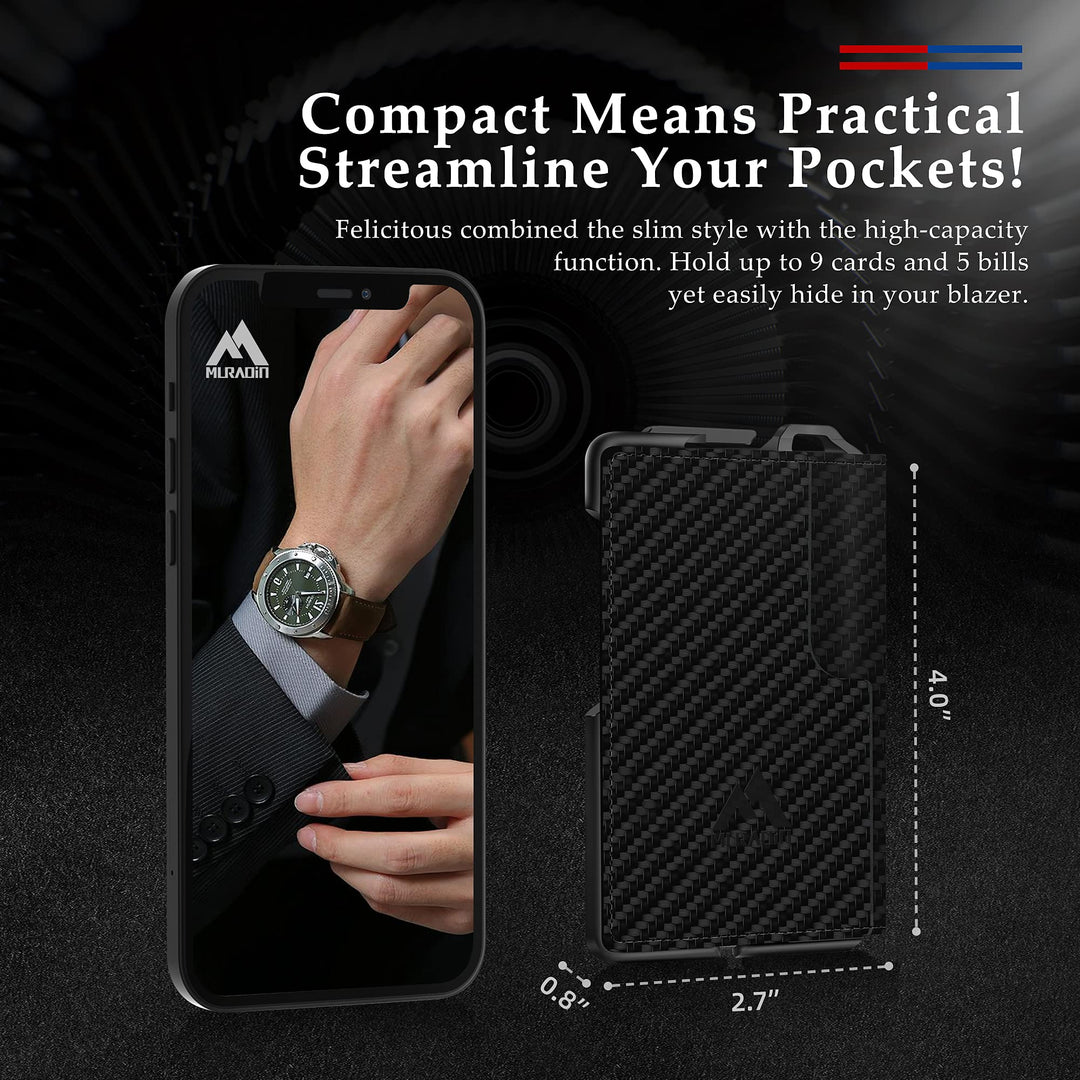 Tactical Minimalist Wallet for Men, Slim RFID-Blocking Metal Card Holder, Front Pocket Men’s Leather Dapper Bifold Wallet with Money Clip with Keychain (Carbon Fiber)