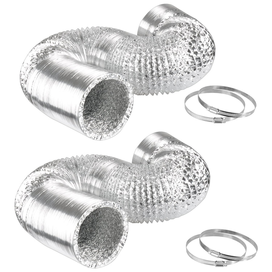 GLDUCT8X25C 8 inch 25 feet Non-Insulated Flex Air Aluminum Foil Ducting Dryer Vent Hose for HVAC Ventilation with 2 Clamps, 8, Silver